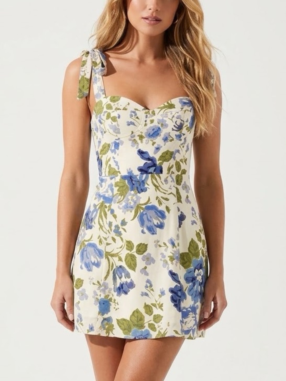 o.p.t Green & Blue Nia Mini Dress - Floral Print Tie-Shoulder Dress/Size 10